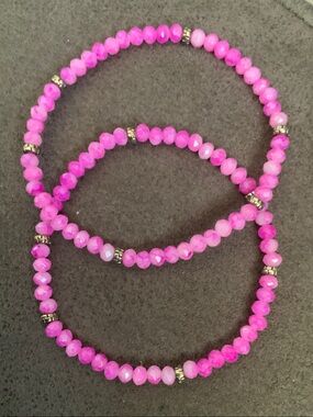 Bright Pink Faceted Bead Stretch Bracelet Set with Gold Accents - Women Jewelry
